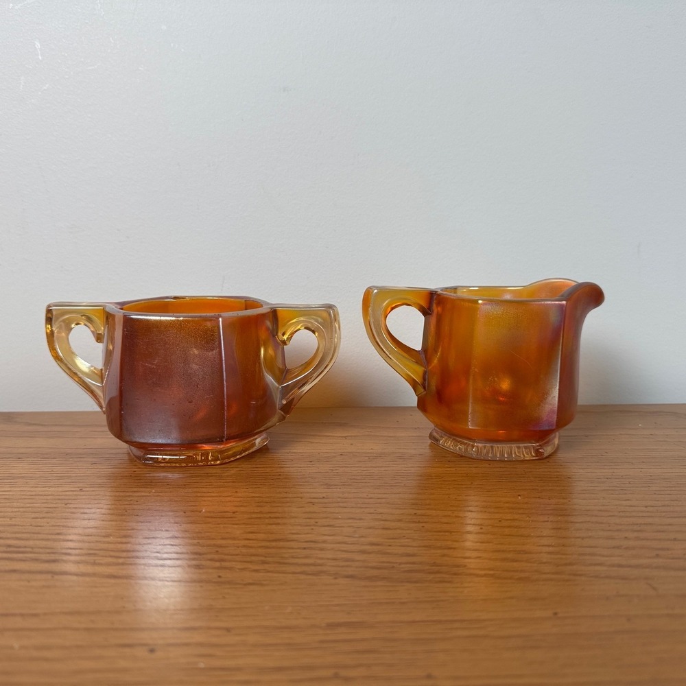 Indiana Glass #165 Peerless Colonial Marigold Carnival Glass Sugar & Creamer Set